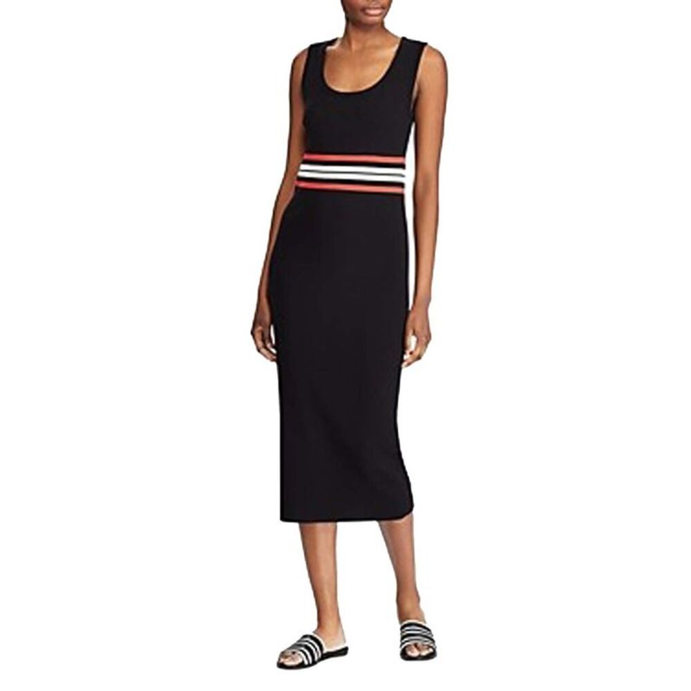 Ralph Lauren Womens Striped Sleeveless Tea-Length Body Con Dress Black L